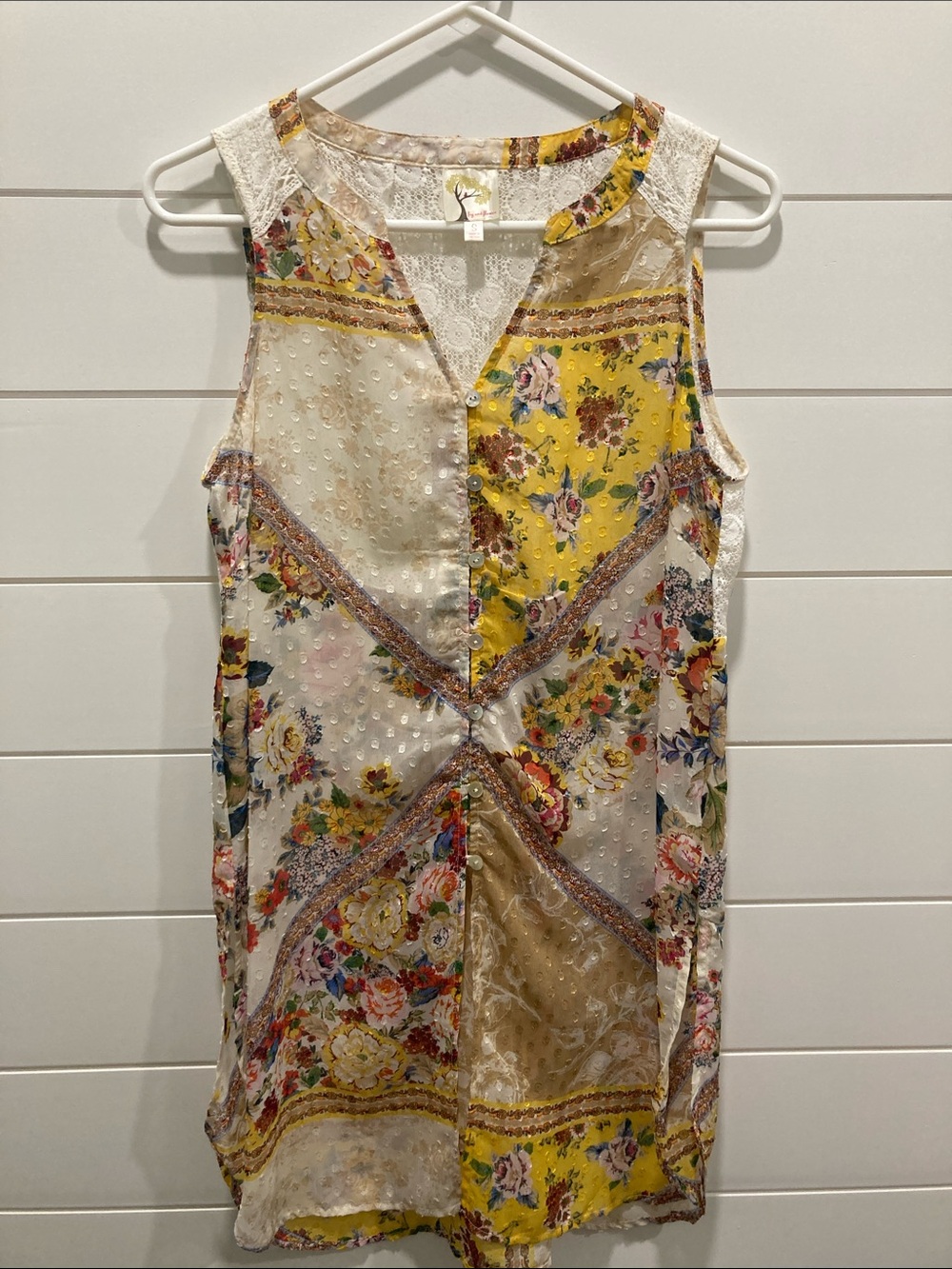 Fig & Flower Boho Patchwork Swiss Dot Lace Sleeveless Tunic Top- Size Small- EUC